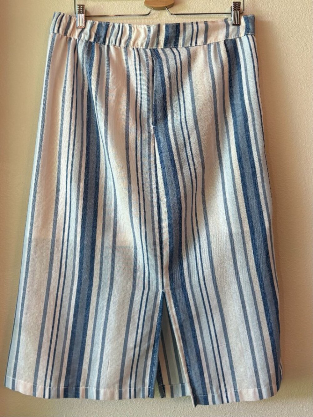 Linen Blend Midi Summer Skirt Blue White Vertical Striped Pockets M / L Capsule - Picture 10 of 12